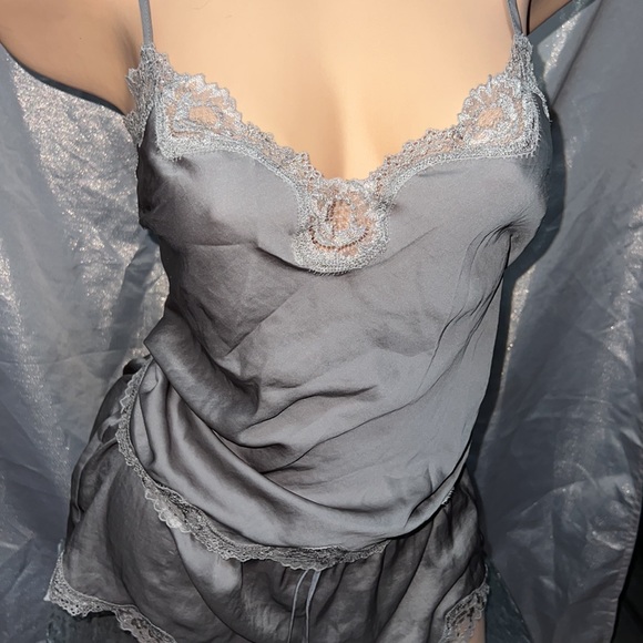 Victoria secret 2 piece pj set silk satin green grey lace sexy y2k vintage tank - Picture 3 of 10